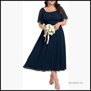 Plus Size Lace Formal Maxi Dress Square Neck Short Sleeve A Line